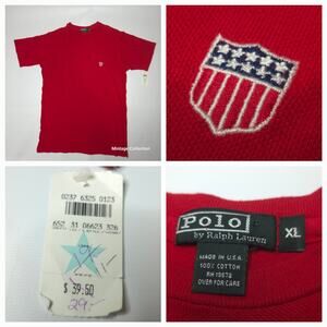NEW VINTAGE POLO RALPH LAUREN RED PIQUE CREWNECK POCKET SHIRT USA FLAG SHIELD XL